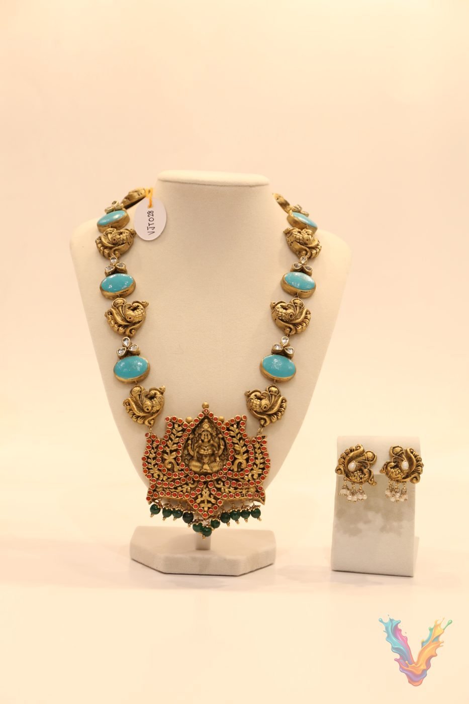 Turquoise and gold terracotta temple necklace with earrings